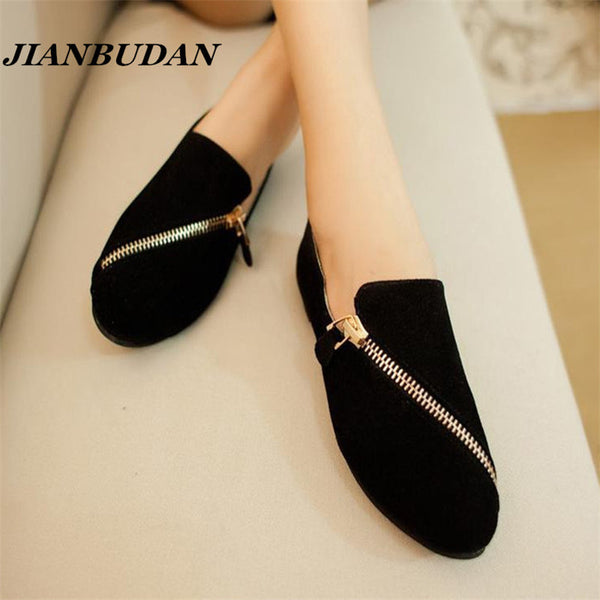 JIANBUDAN flat shoes women 2016 new spring shoes  casual and comfortable flat shoes size 35-40 Black / brown  Zipper rest shoes