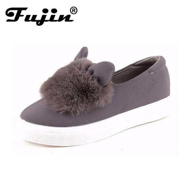 slip ons shoes platform flats 2016 New winter boots Fashion Real Fur Shoes Woman ears Shoes Female Low Cut Casuals leisures lady