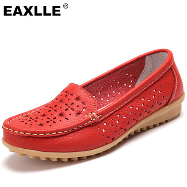 2017 Genuine Leather Oxfords Sole Round Toe Women Flat Shoes 4 Colors Leisure Lady Casual Shoes Hollow Women's Loafers JJ808