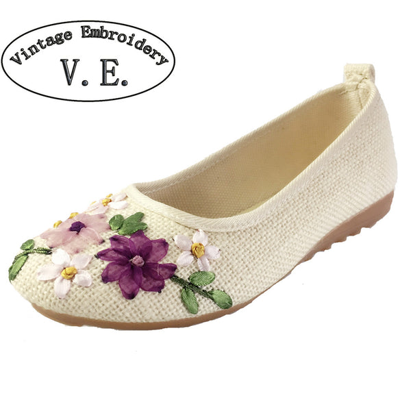 Vintage Embroidery Women Flats Flower Slip On Cotton Fabric Linen Comfortable Old Peking Ballerina Flat Shoes Sapato Feminino