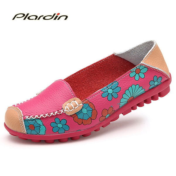 2017 Cow Muscle Ballet Summer Flower Print Women Genuine Leather Shoes Woman  Flat Flexible Nurse  Peas Loafer Flats