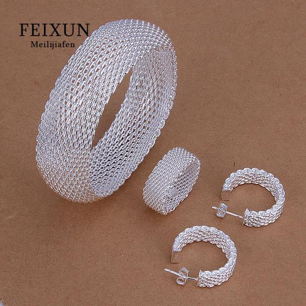 S925 Hot Selling silver jewelry set, fashion jewelry set Closed Mesh Ring Earrings Bangle /aowajgda baoajrva S301